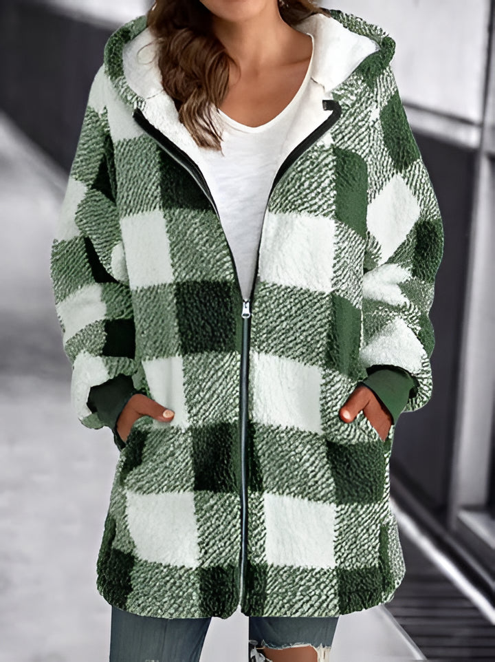 Relaxed Fit Plaid Hooded Coat for Women