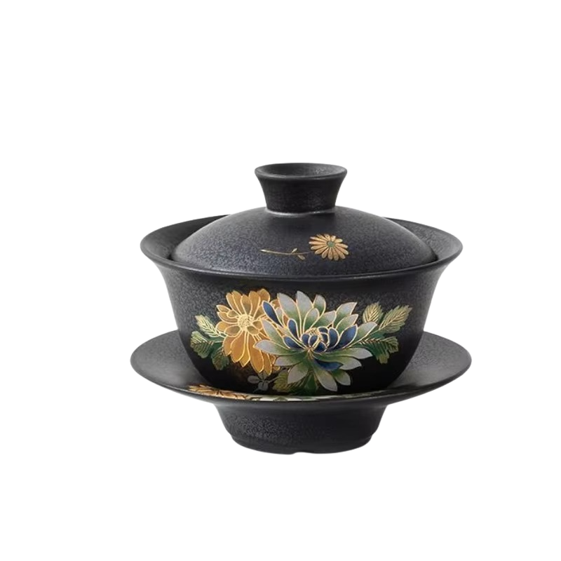 Unique Black Decorative Silver Rim Tea Cup