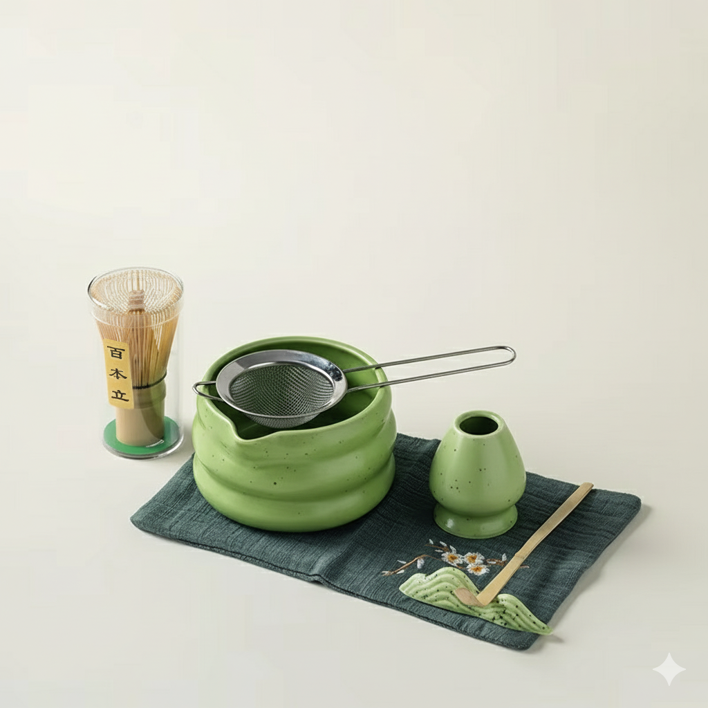Authentic Green Tea Set with Ceramic Cup and Bamboo Spoon