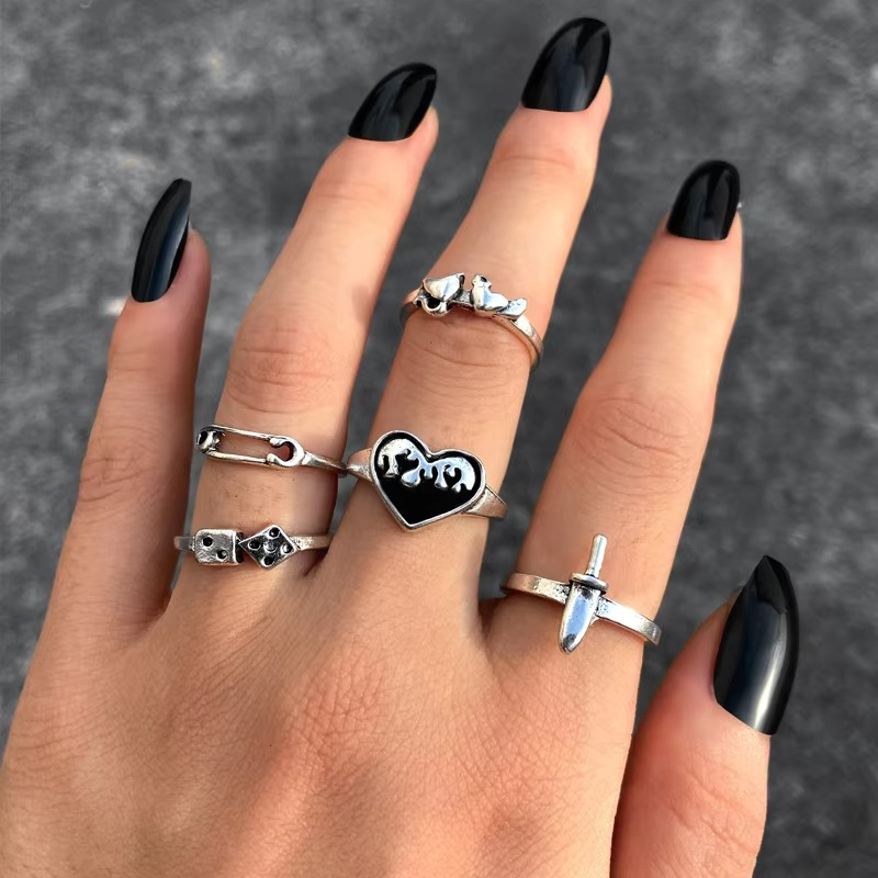 Edgy Dark Heart and Dice Stainless Steel Ring Set