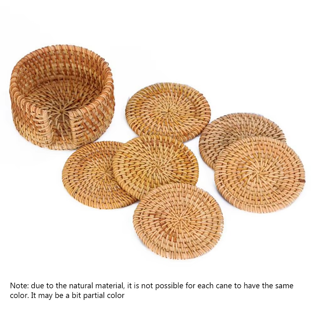Rustic Bamboo Coaster Set with Storage, 6 Piece Protective Table Set