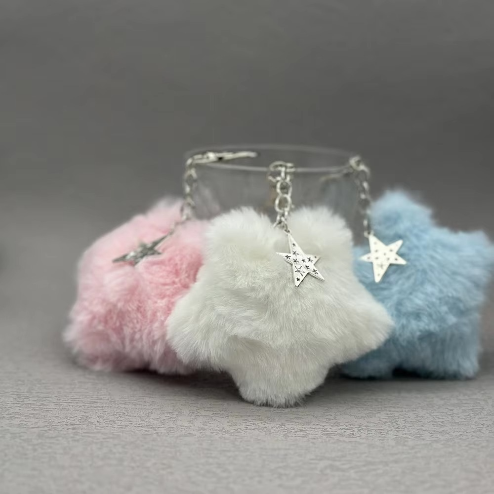 Soft Teddy Star Keychain with Fuzzy Pom Pom Ball