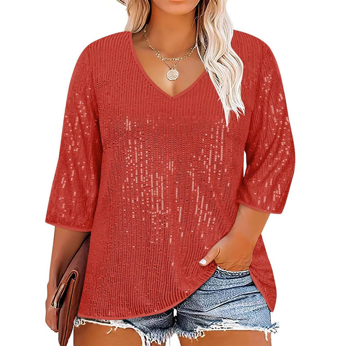 Comfy Oversized Glitter V Neck Long Sleeve Top