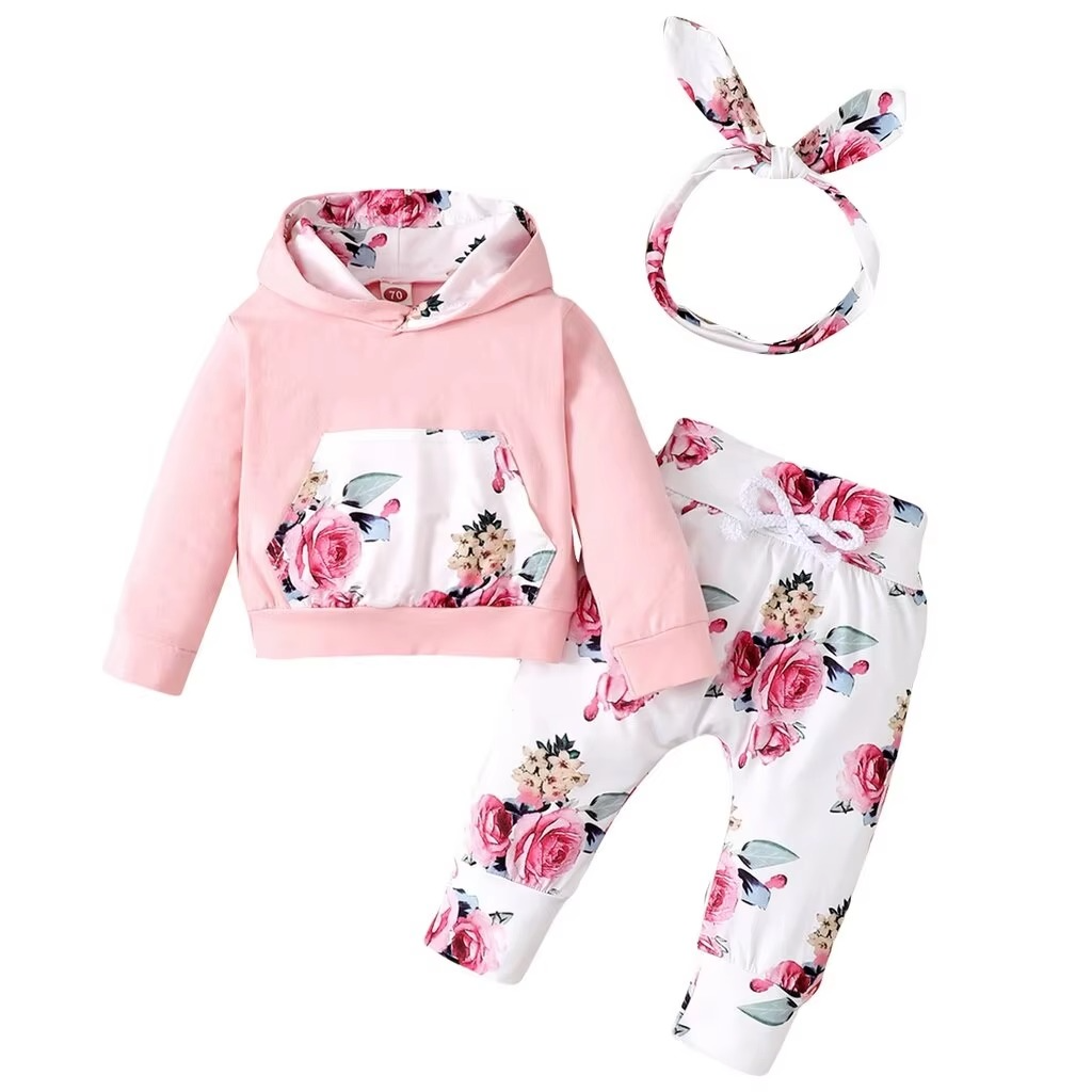 Cute Baby Girl Hoodie and Pant Set with Hair Bow