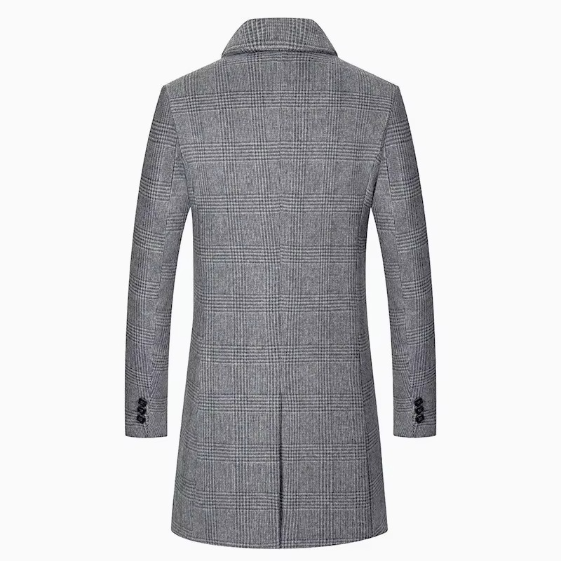 Warm Plaid Woolen Overcoat for Men, Slim Fit Waterproof Jacket