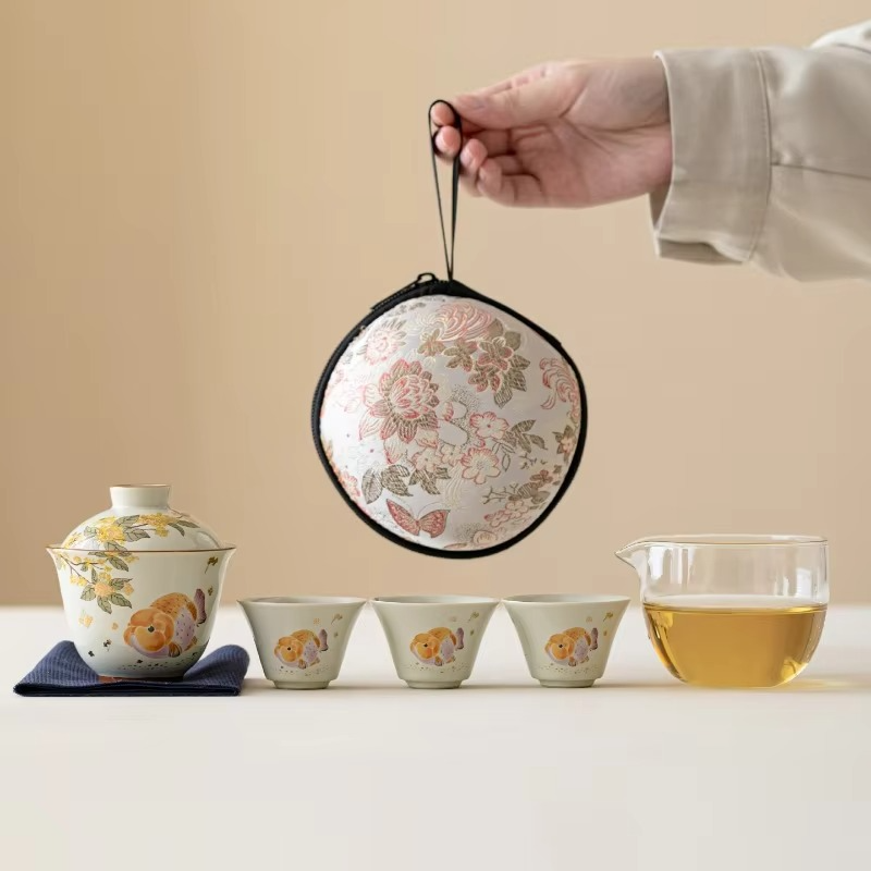 Compact Porcelain Travel Tea Infuser Set with Fish Pattern