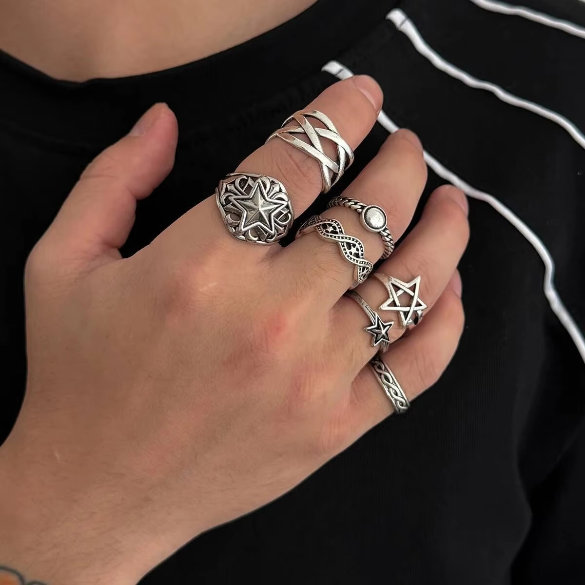 Edgy 7 Piece Mens Rockstar Ring Set