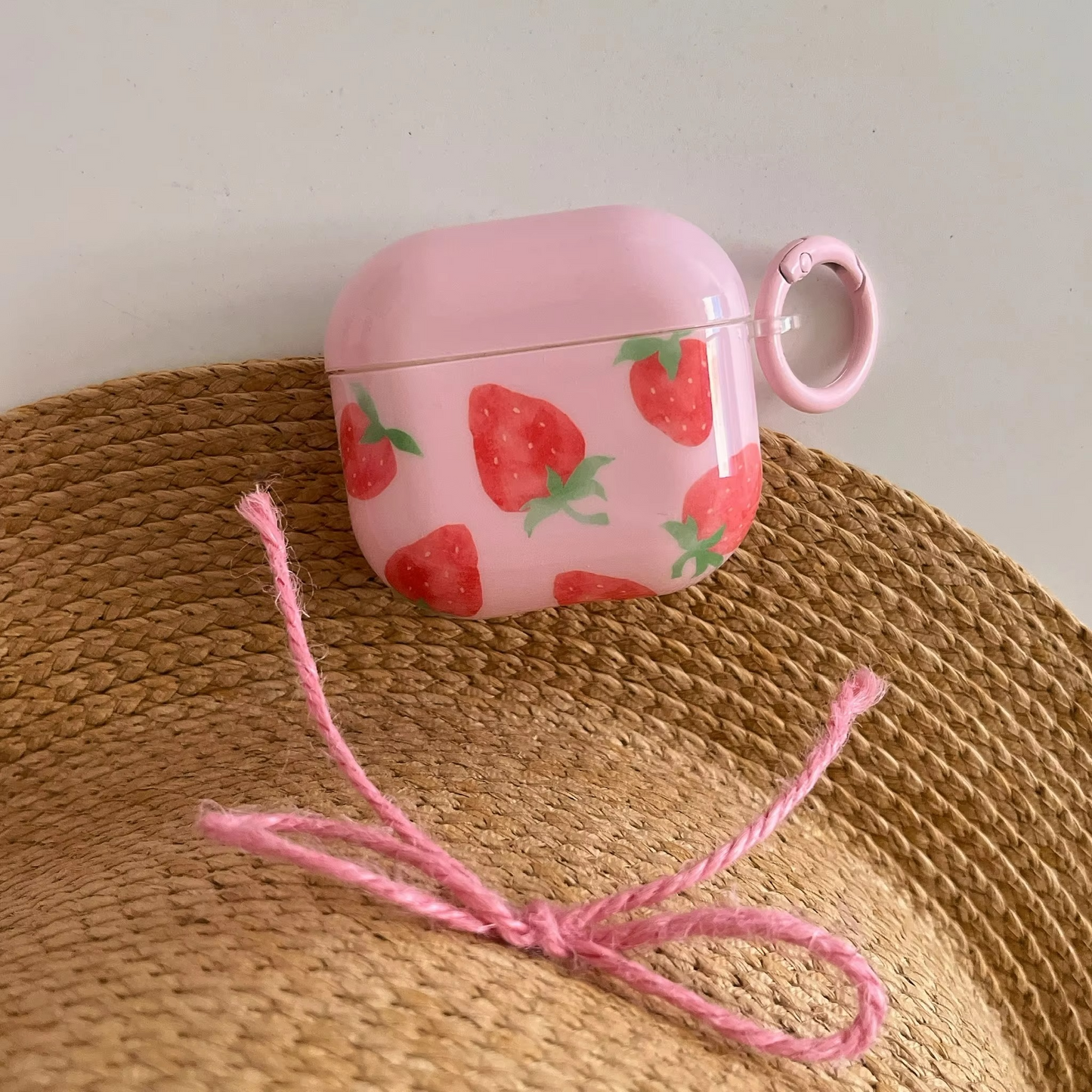 Colorful Strawberry Earbud Case with Soft Pink Cover