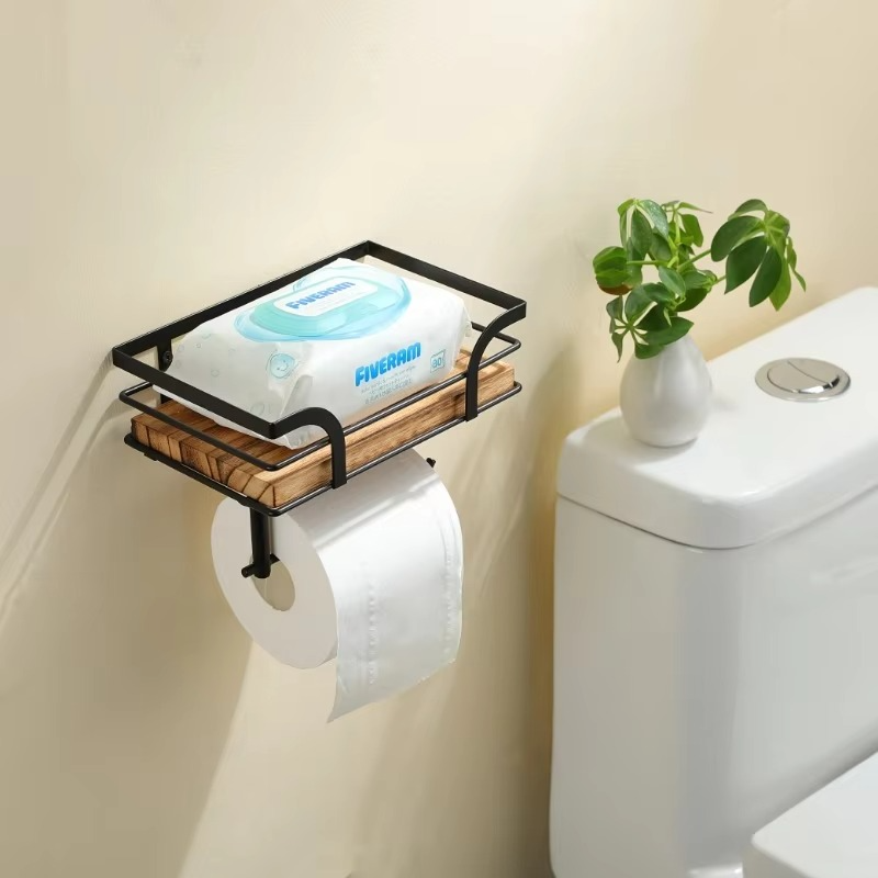 Bathroom Wooden Toilet Paper Roll Holder with Shelf