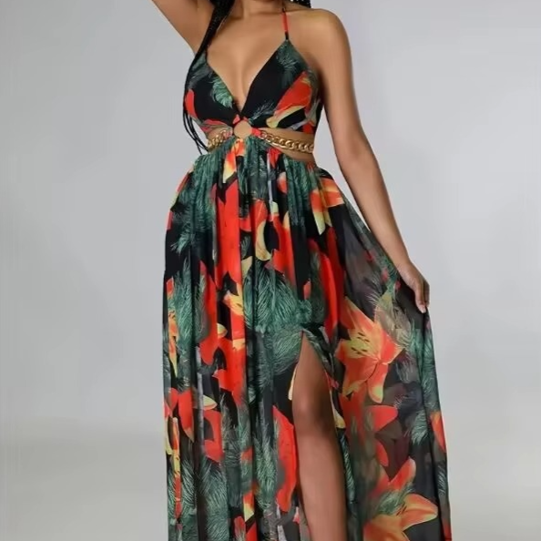 Beautiful Flower Backless Maxi Dress with Side Split