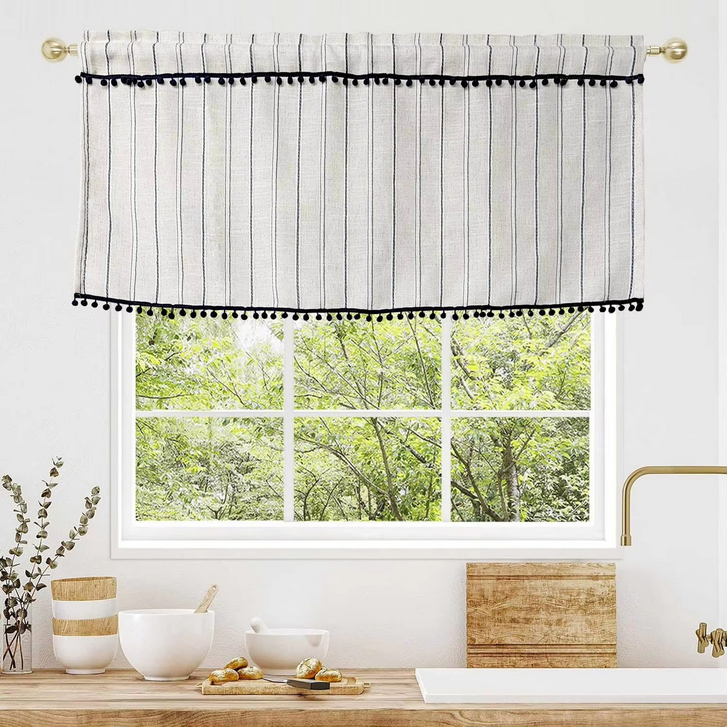 White Decorative Cafe Style Short Curtain with Blue Trim