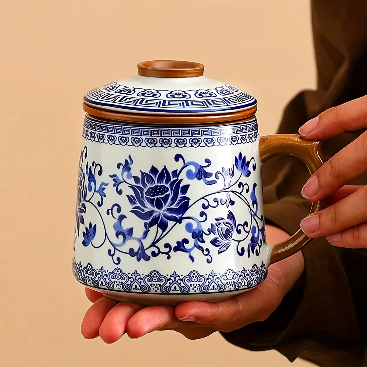 Colorful Floral Ceramic Tea Cup with Lid