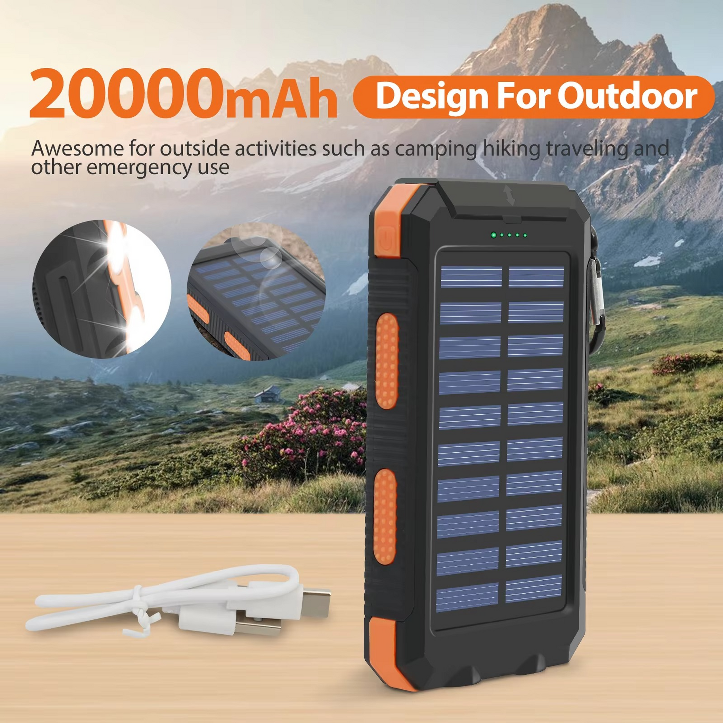 High Capacity Solar Charger Power Bank with LED Light