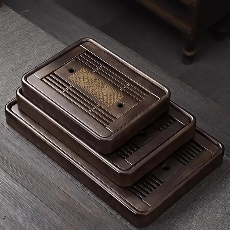 Natural Wood Tea Serving Platter with Built-in Drain