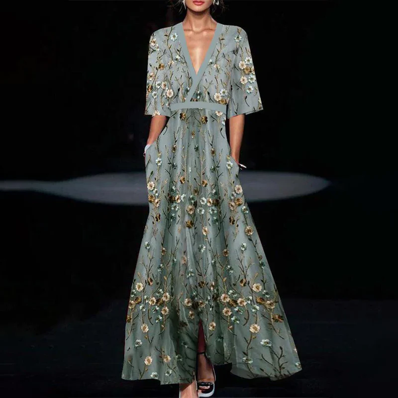 Fresh Mint Maxi Dress with Short Sleeves - Hehif