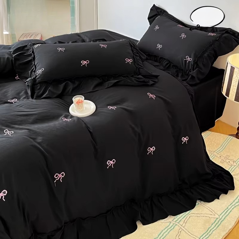 Beautiful Ruffled 3PC Bedding Set with Bow Embroidery