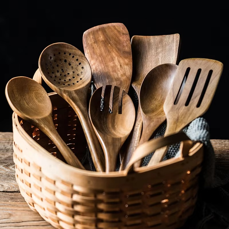 Natural Wood Kitchen Utensil Set with Storage