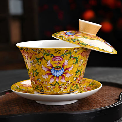 Delicate Blue Floral Porcelain Tea Cup Set with Gold Top