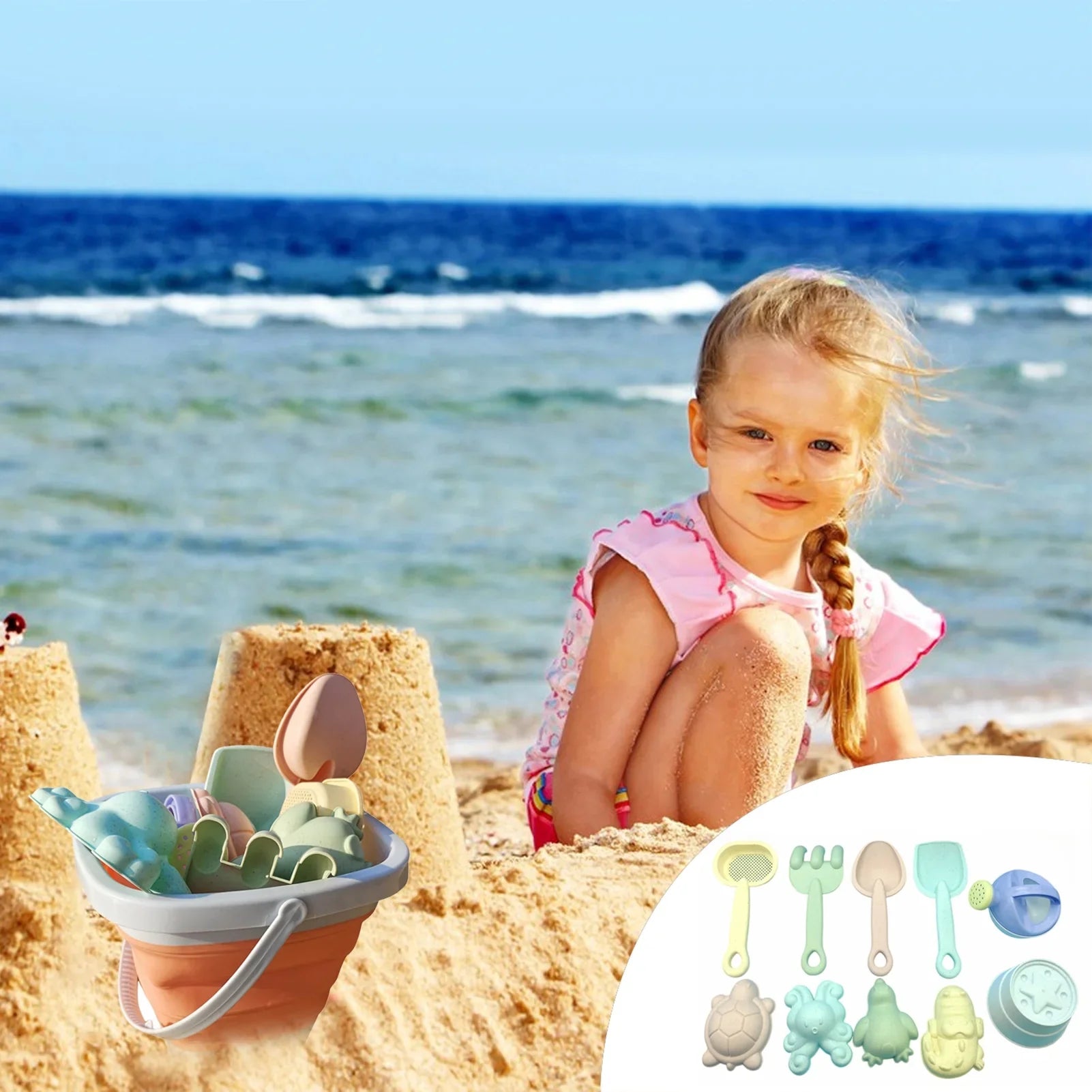 Fun Kids Beach Play Kit with Bucket and Tools - Hehif