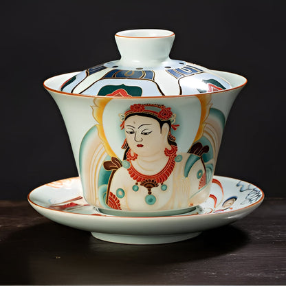Delicate Blue Floral Porcelain Tea Cup Set with Gold Top