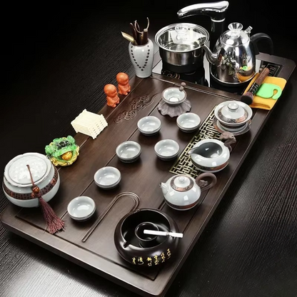 Natural Wooden Tea Server and Purple Clay Martial Tea Set