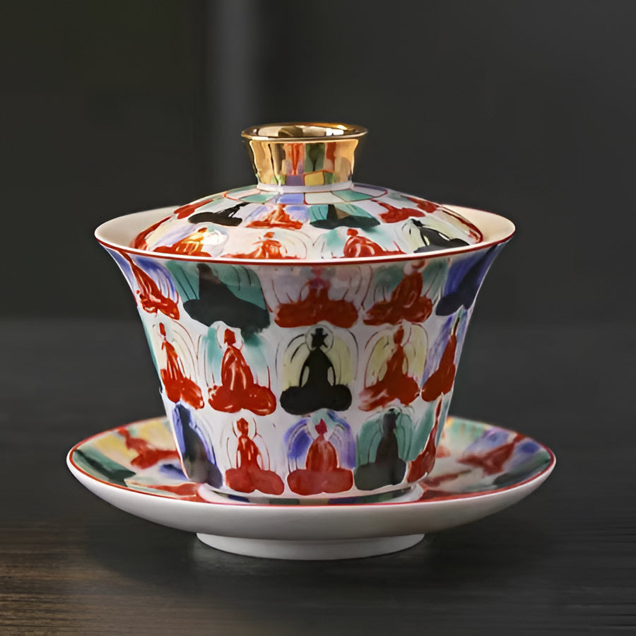 Delicate Blue Floral Porcelain Tea Cup Set with Gold Top