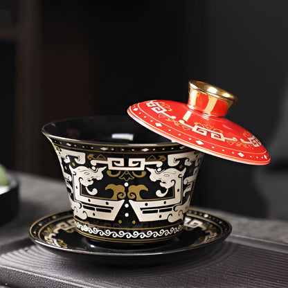 Delicate Blue Floral Porcelain Tea Cup Set with Gold Top