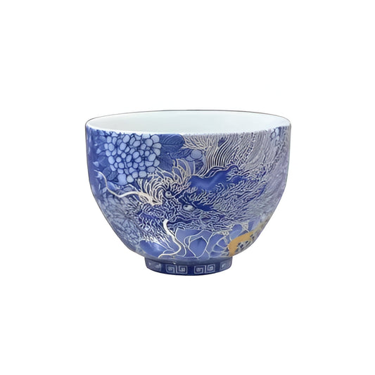 Delicate Blue Floral Porcelain Tea Cup Set with Gold Top - Hehif
