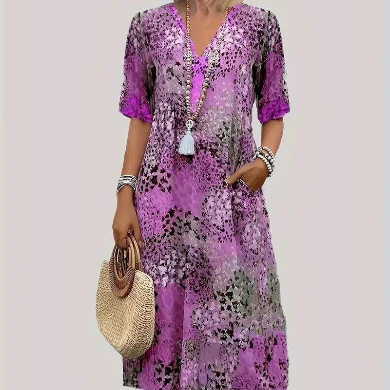 Trendy Animal Print Long Dress - V Neck & Capsule Sleeve