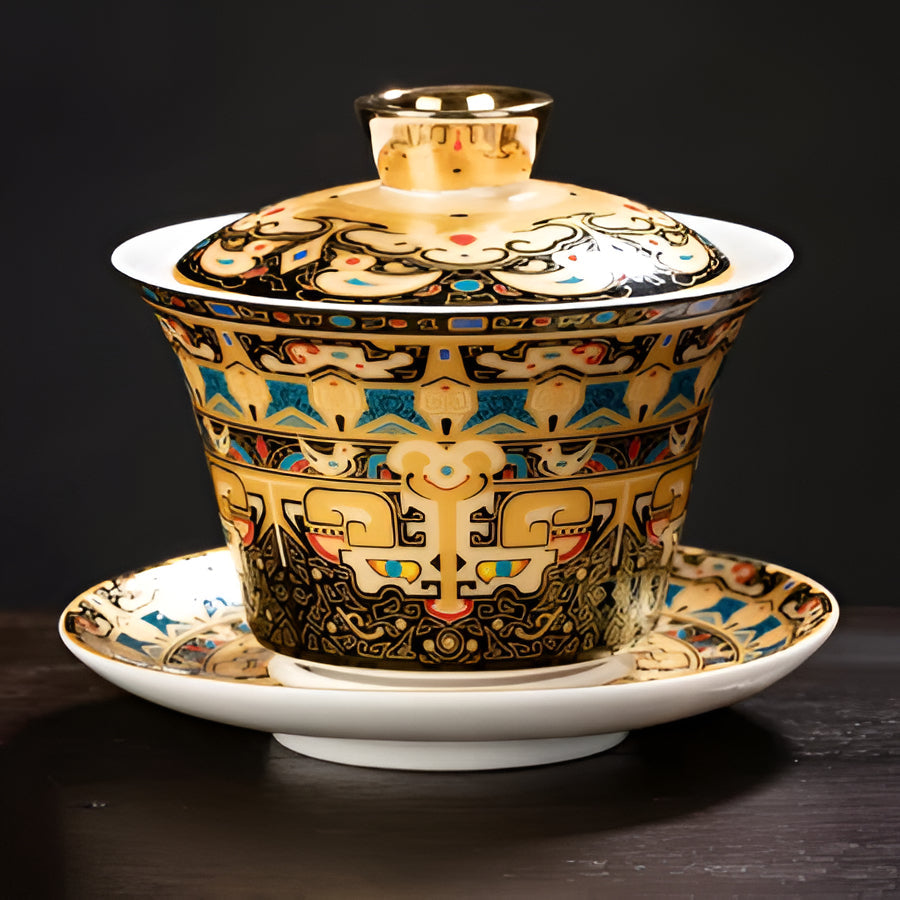 Delicate Blue Floral Porcelain Tea Cup Set with Gold Top
