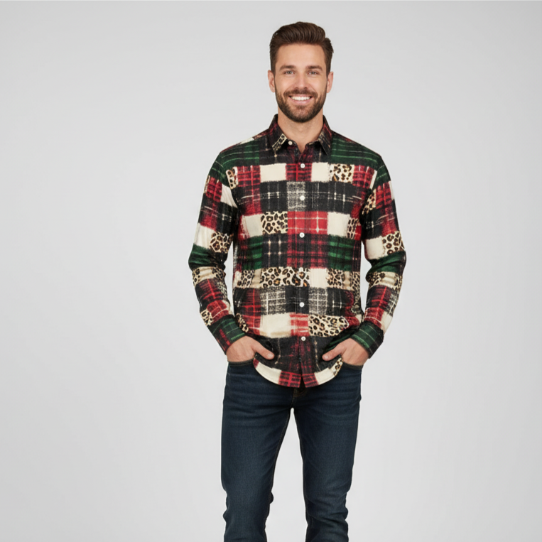 Mens Festive Holiday Long Sleeve Button Down Shirt