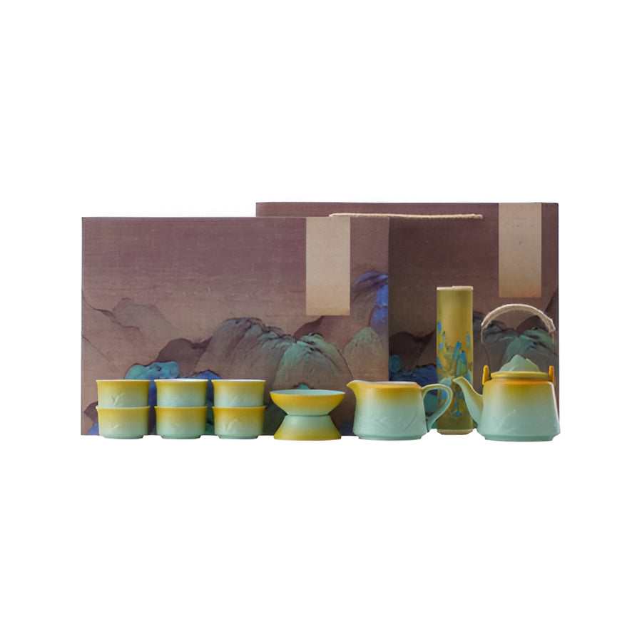 Traditional Asian Ceramic Tea Set with Teapot and Mugs