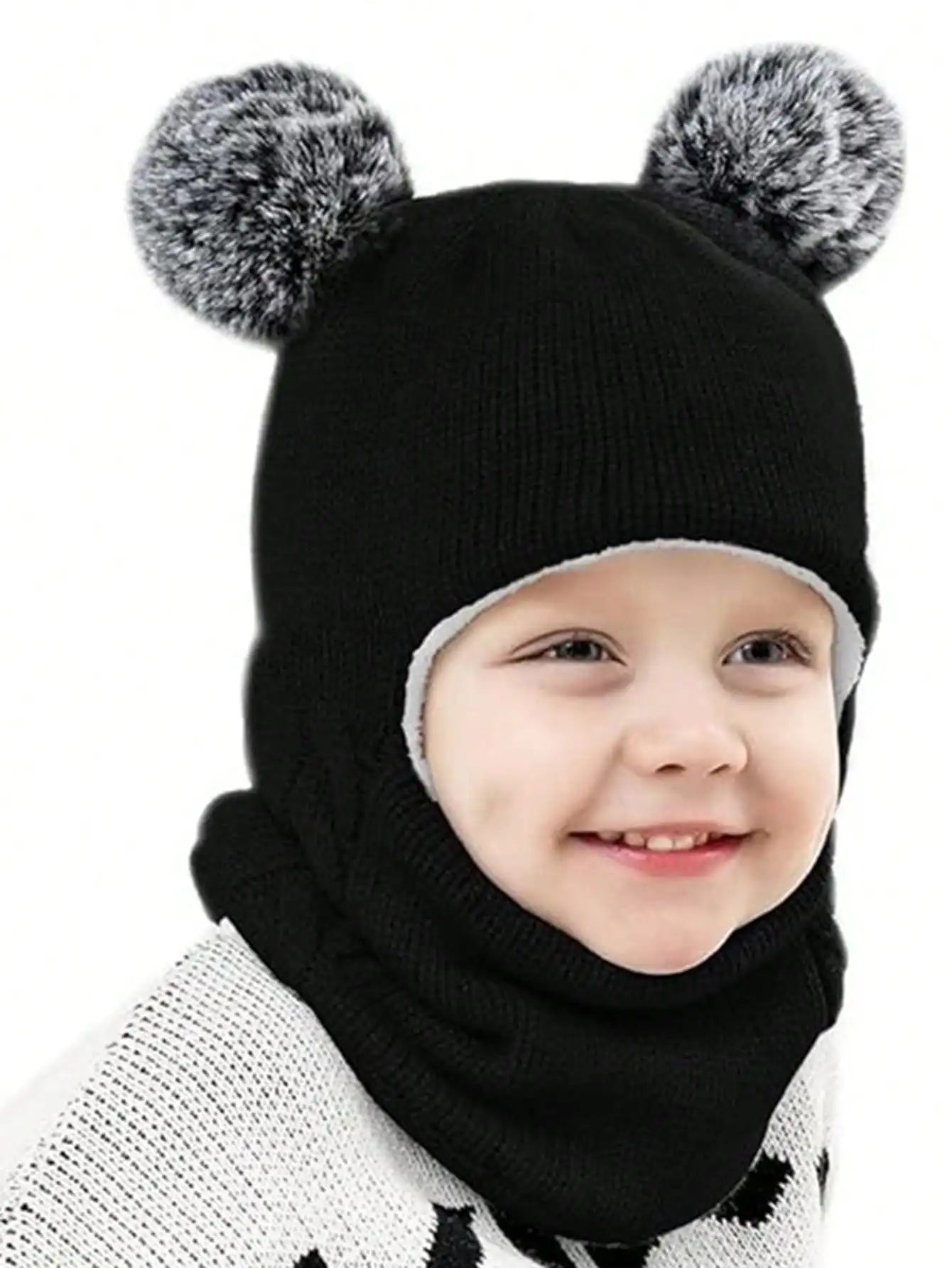 Warm Childrens Snow Face Mask with Double Poms - Hehif