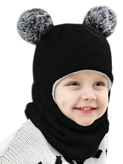 Warm Childrens Snow Face Mask with Double Poms - Hehif