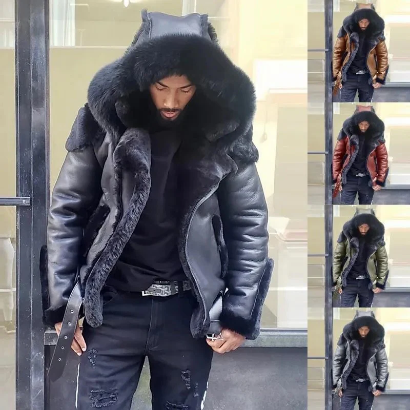 Warm Mens Leather Biker Jacket Fur Hooded Coat