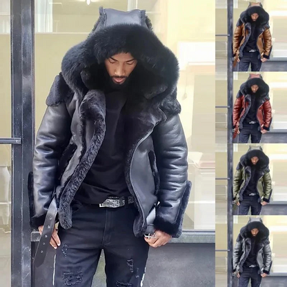 Warm Mens Leather Biker Jacket Fur Hooded Coat