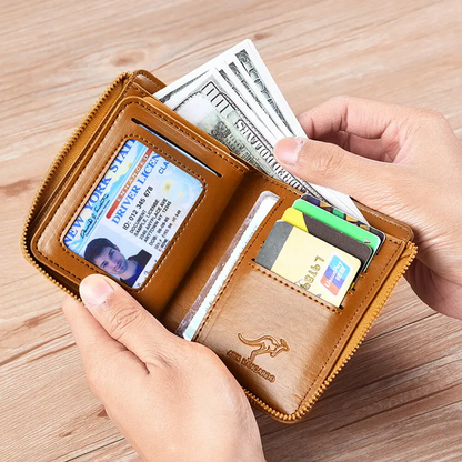 Secure Leather Wallet with Zipper and Multiple Card Slots