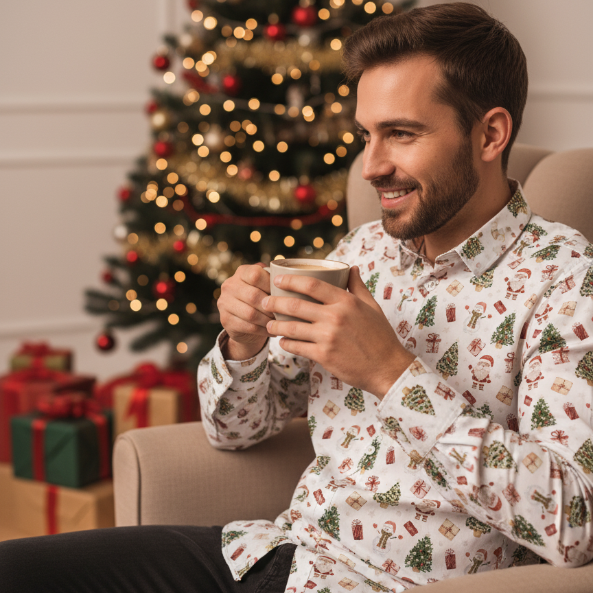Mens Festive Santa Reindeer Dress Shirt - Hehif