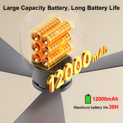 Powerful 12000mAh Rechargeable Ceiling Fan with Bright LED