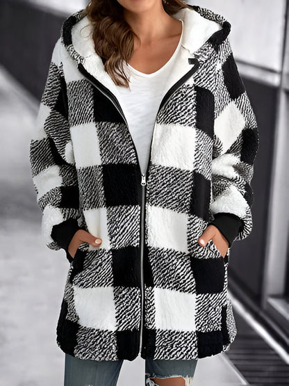 Relaxed Fit Plaid Hooded Coat for Women - Hehif