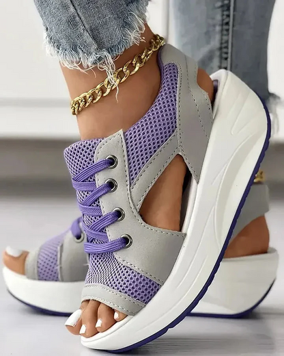 Colorblock Perforated Buckle Muffin Sandals