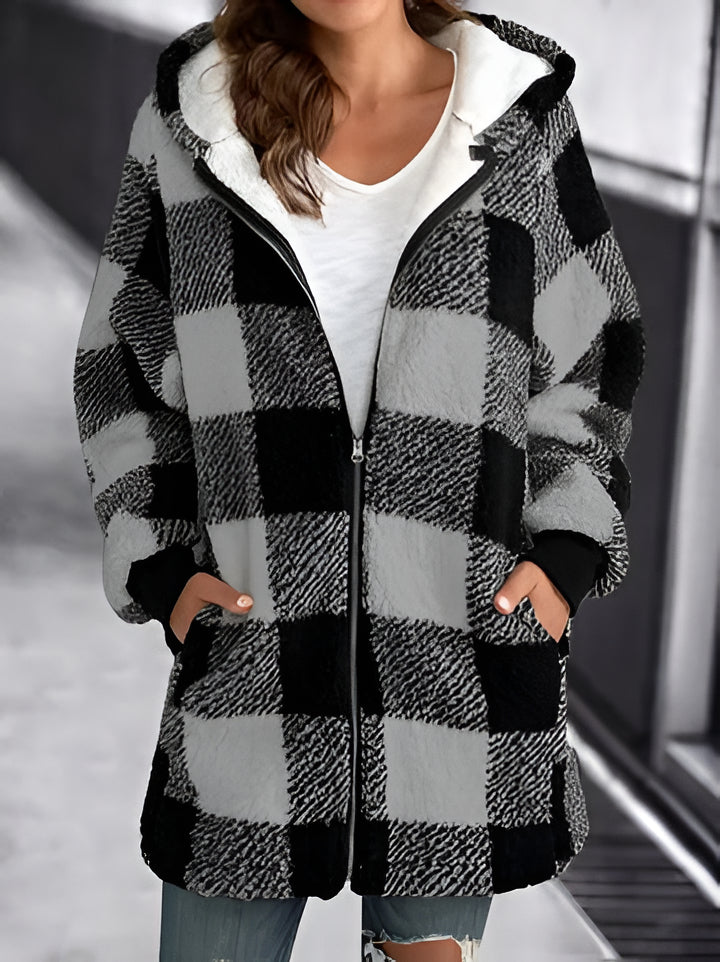 Relaxed Fit Plaid Hooded Coat for Women