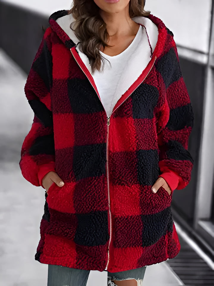 Relaxed Fit Plaid Hooded Coat for Women