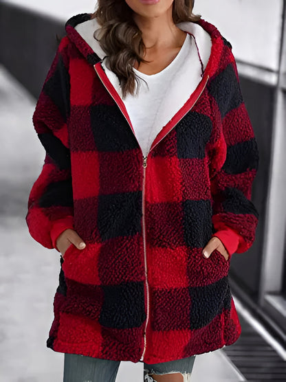 Relaxed Fit Plaid Hooded Coat for Women