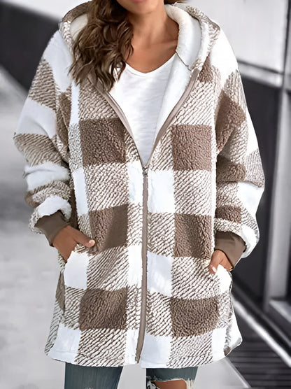 Relaxed Fit Plaid Hooded Coat for Women