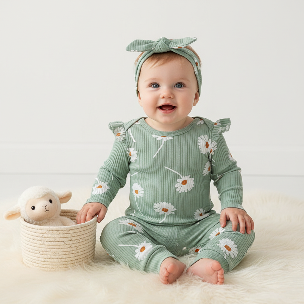 Cute Baby Girl Floral 3 Piece Set with Romper