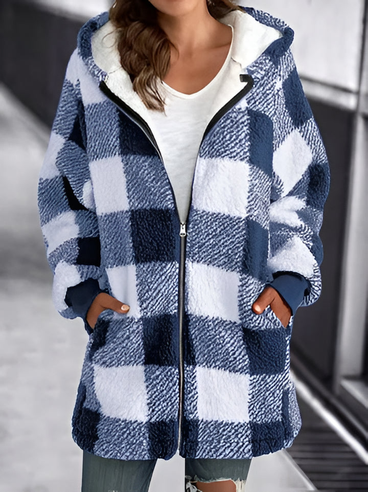 Relaxed Fit Plaid Hooded Coat for Women