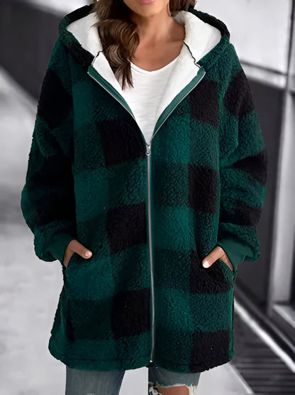 Relaxed Fit Plaid Hooded Coat for Women