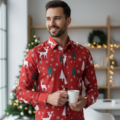 Mens Fun Holiday Dress Shirt with Santa Print