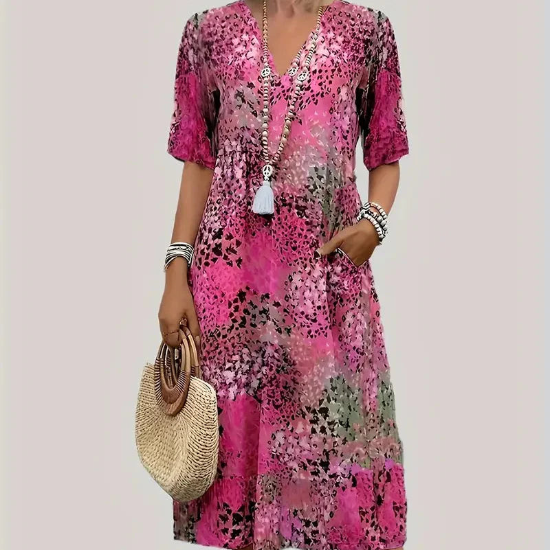 Trendy Animal Print Long Dress - V Neck & Capsule Sleeve